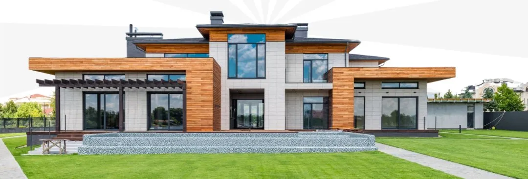 Modern double-storey house with large glass windows